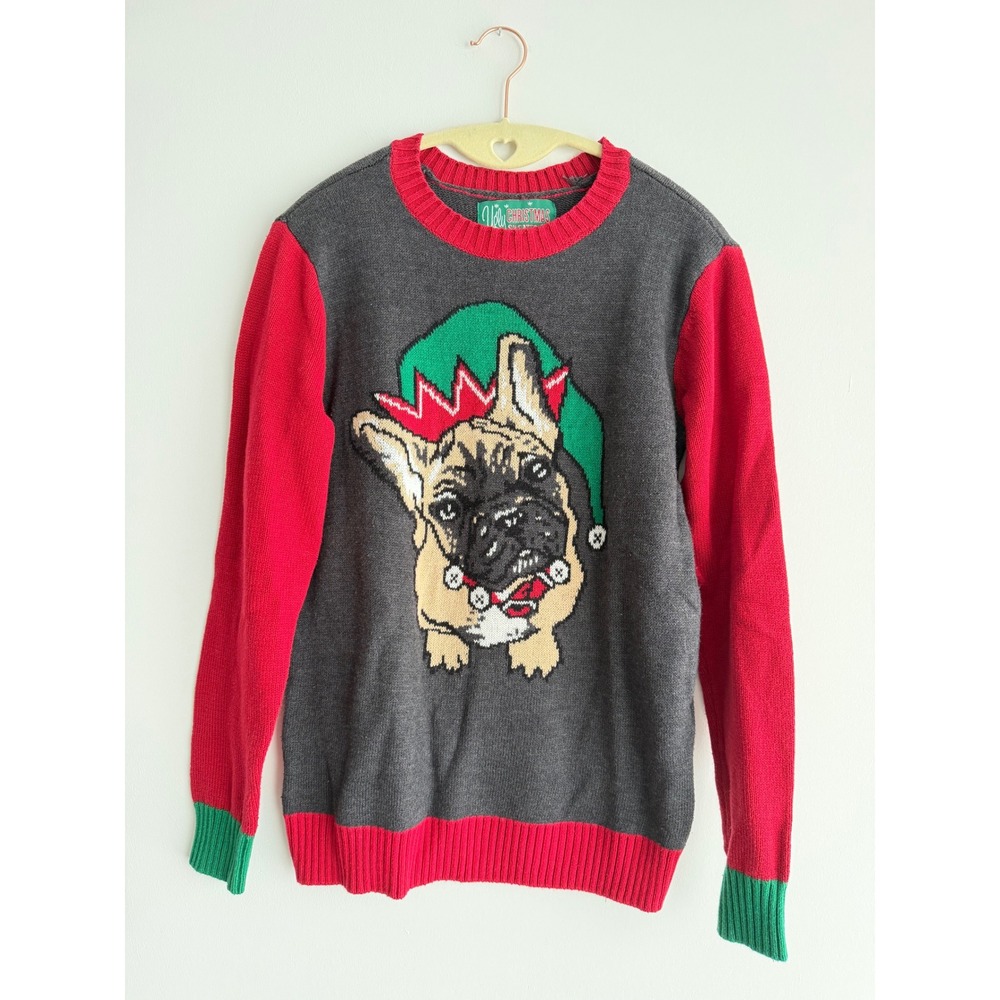 Ugly Christmas Sweater French Bulldog Elf Hat Gray Red Holiday Knit Women S